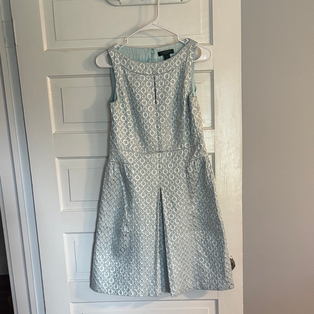 Ralph Lauren Light Blue Textured Midi Dress with Metallic Pattern